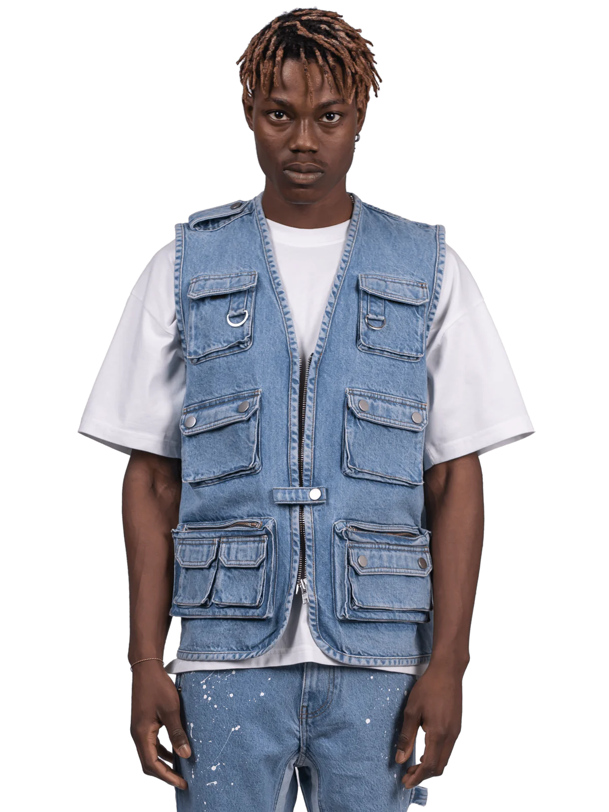 DENIM UTILITY VEST - LIGHT STONE