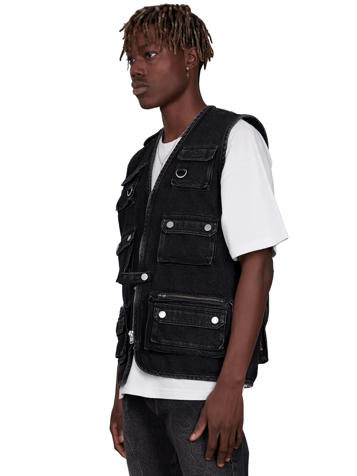 DENIM UTILITY VEST - BLACK