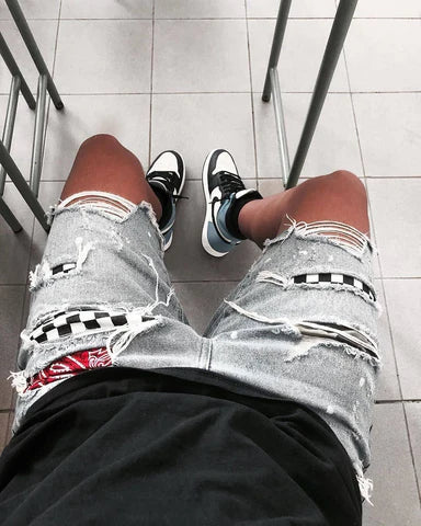 Checkered Paisley Shorts - Washed Blue