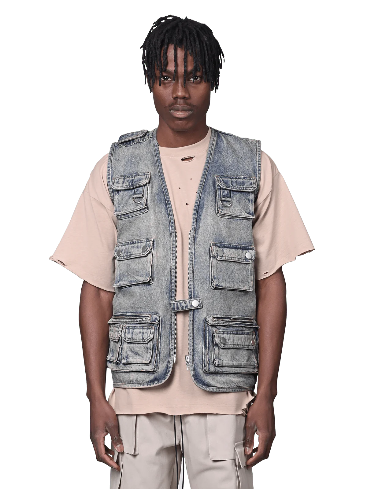 DENIM UTILITY VEST - CREAM WASH