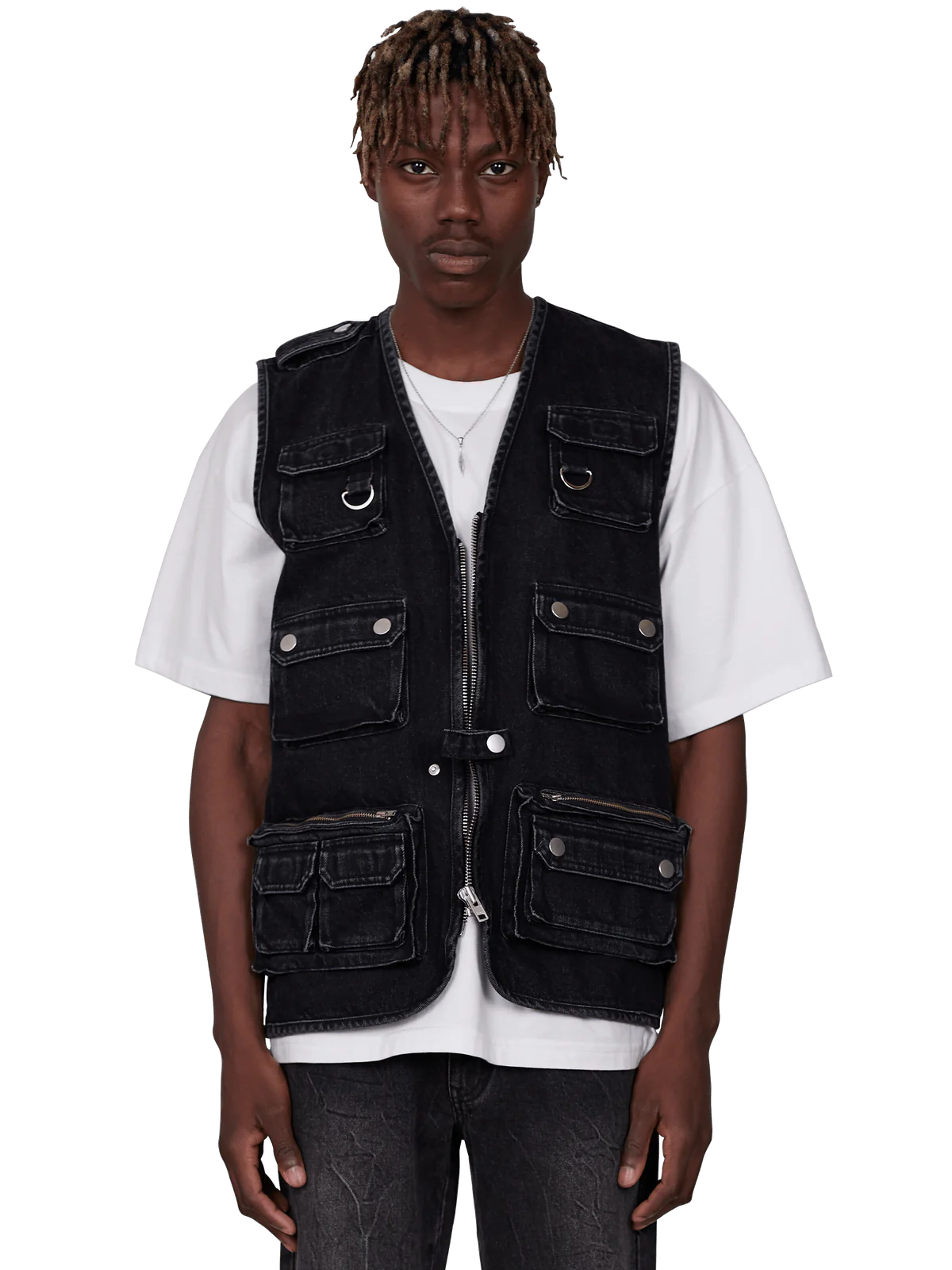 DENIM UTILITY VEST - BLACK