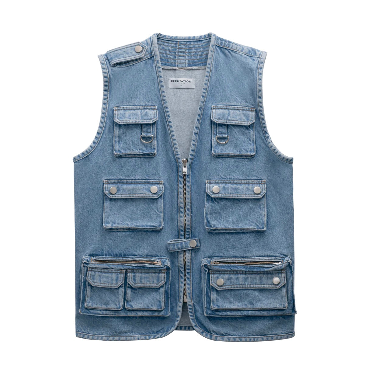 DENIM UTILITY VEST - LIGHT STONE