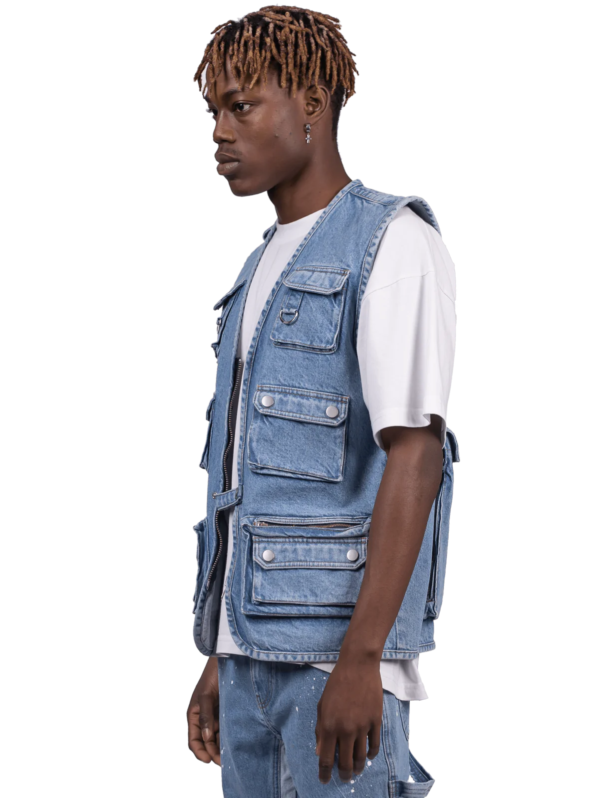 DENIM UTILITY VEST - LIGHT STONE