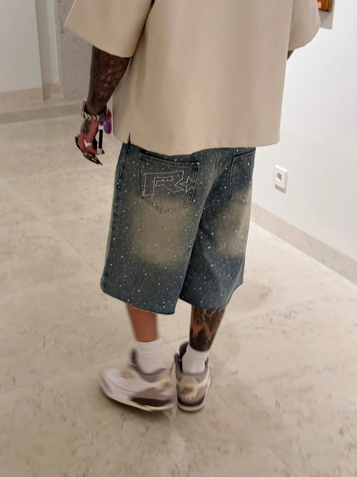 RHINESTONE DENIM JORTS - CREAM WASH
