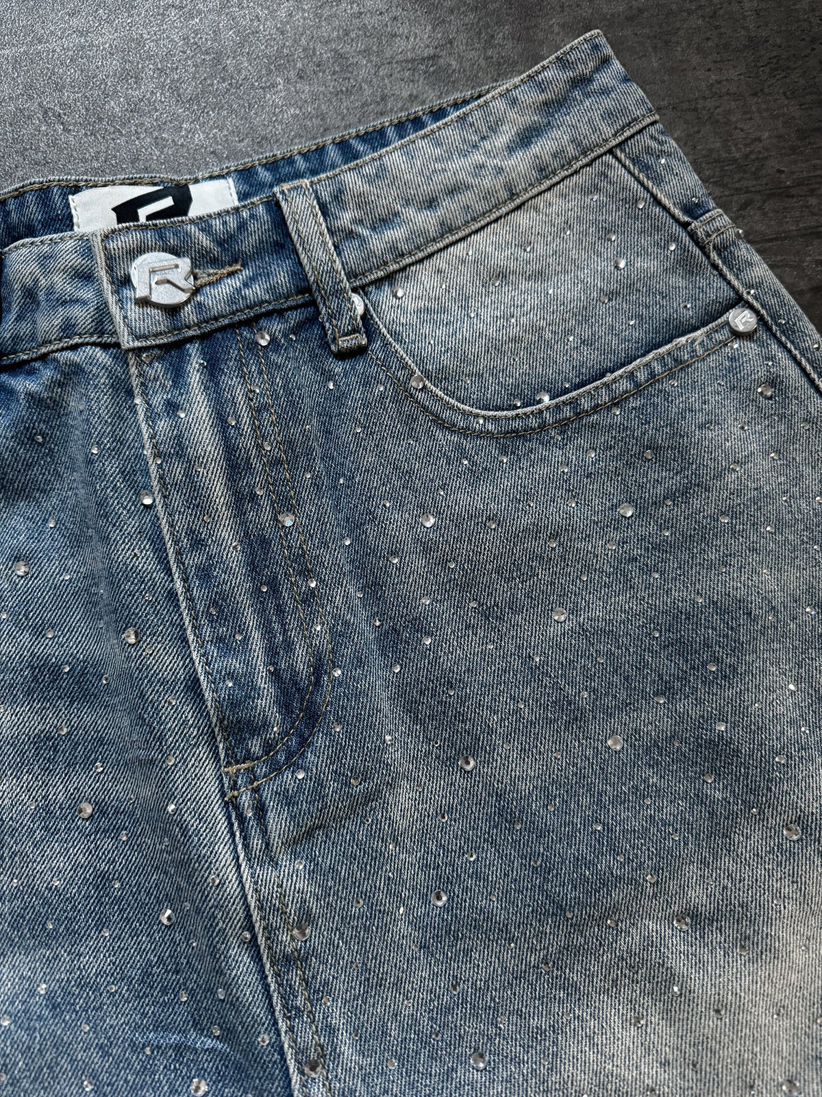 RHINESTONE DENIM JORTS - CREAM WASH