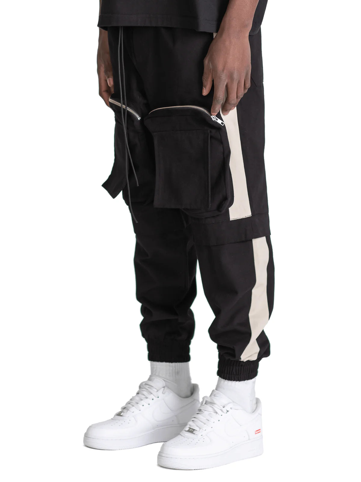 COLOUR-BLOCK CARGO PANTS - BLACK / STONE