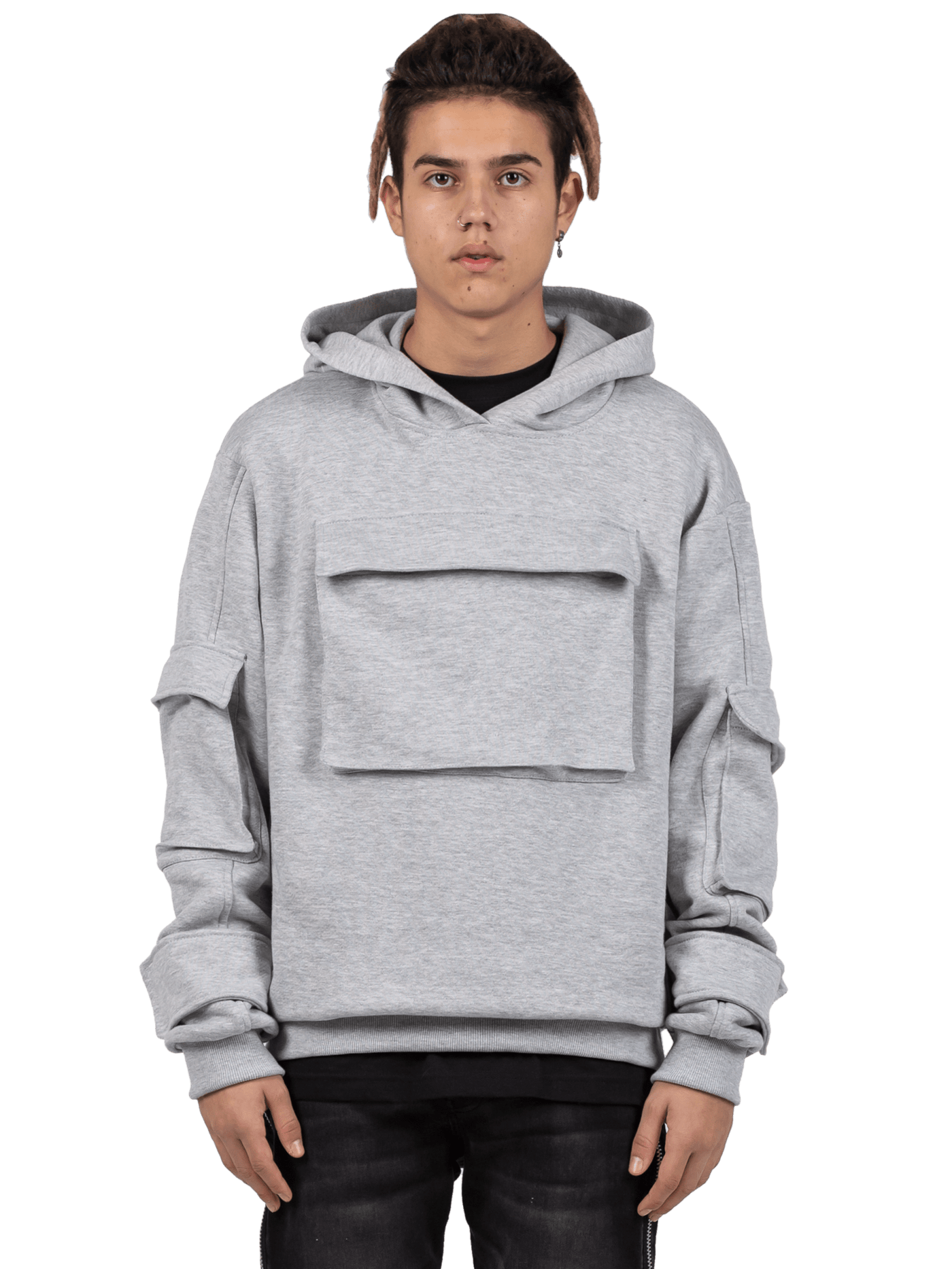 MULTI POCKET HOODIE - HEATHER GREY