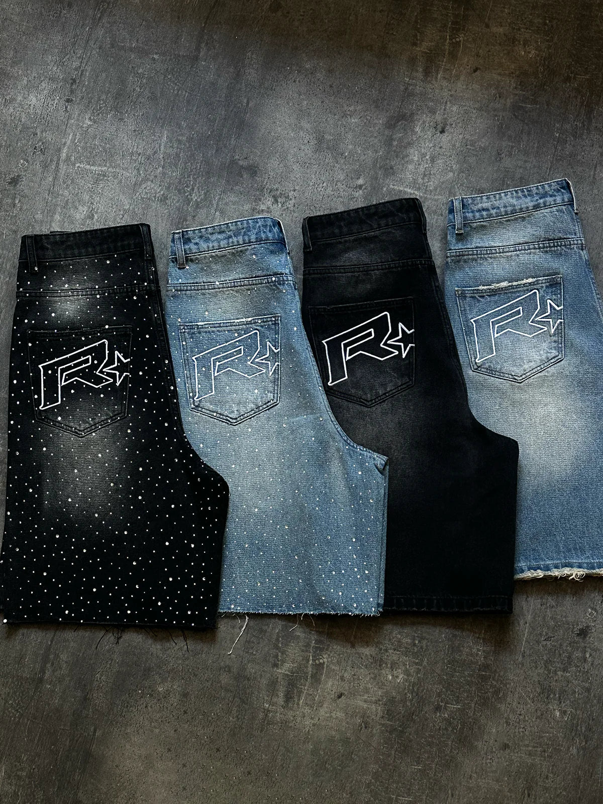 RHINESTONE DENIM JORTS - BLACK