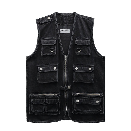 DENIM UTILITY VEST - BLACK