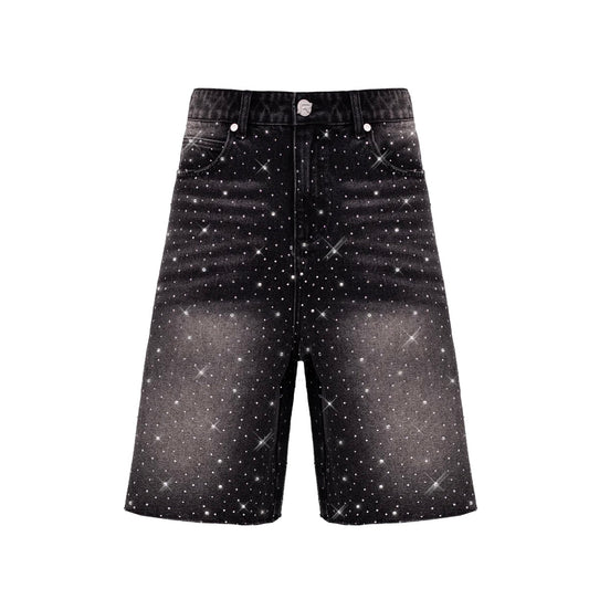 RHINESTONE DENIM JORTS - BLACK