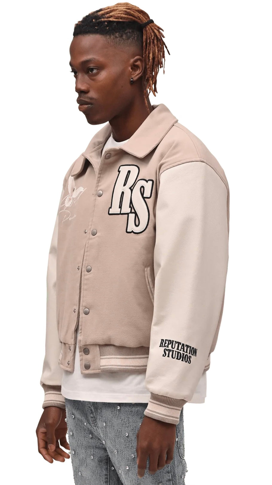 WORLD PEACE VARSITY JACKET - TAUPE