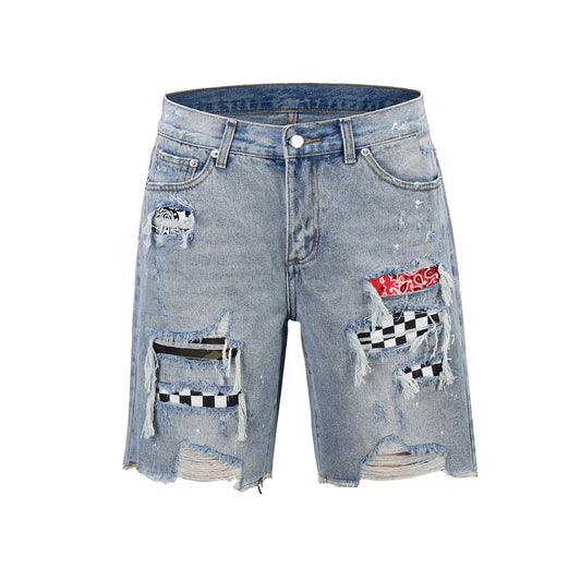 Checkered Paisley Shorts - Washed Blue