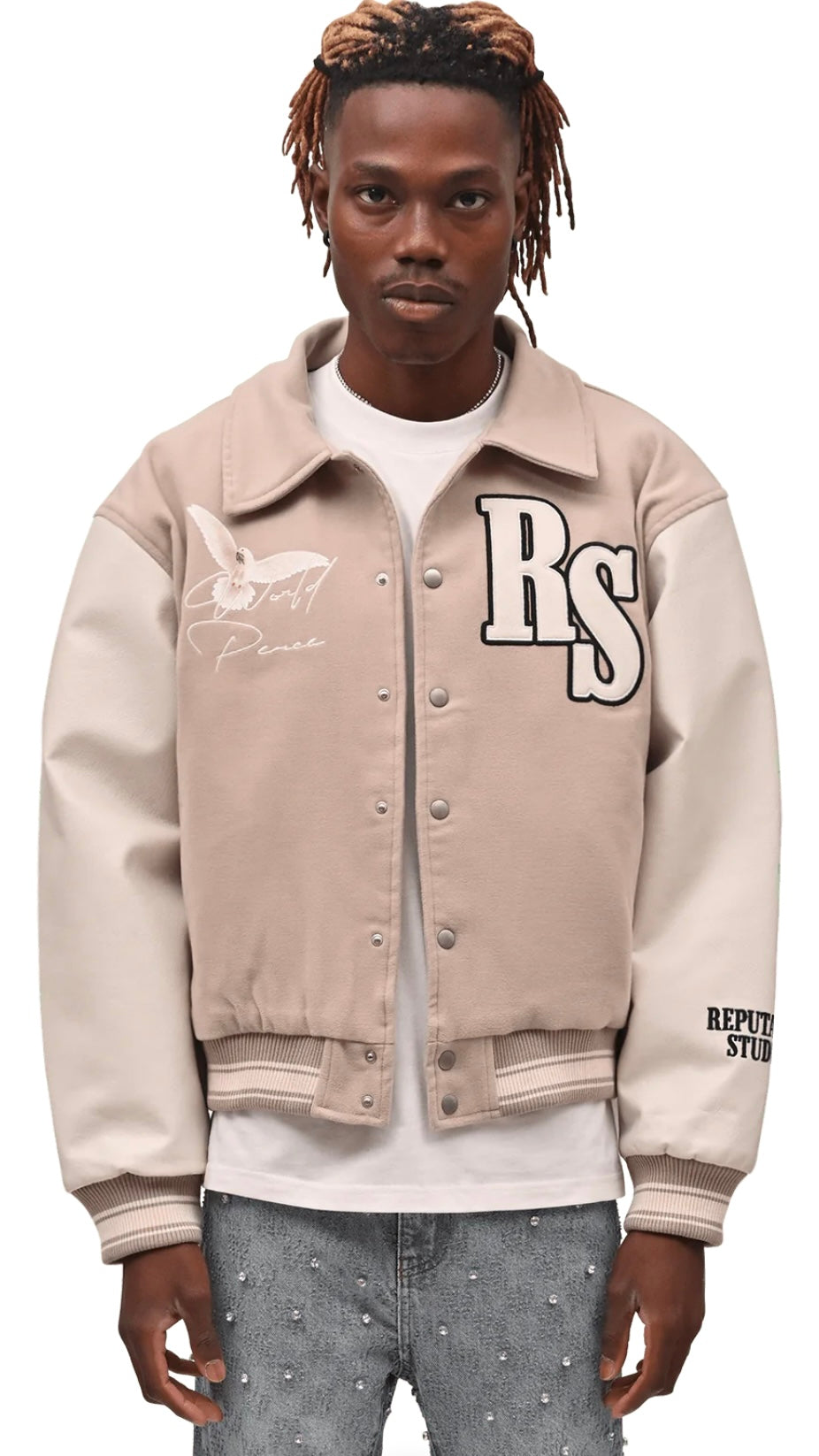 WORLD PEACE VARSITY JACKET - TAUPE