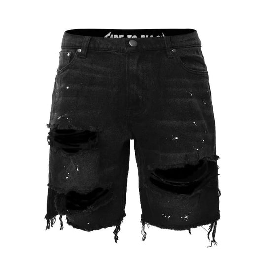 Ripped Denim Shorts - Black
