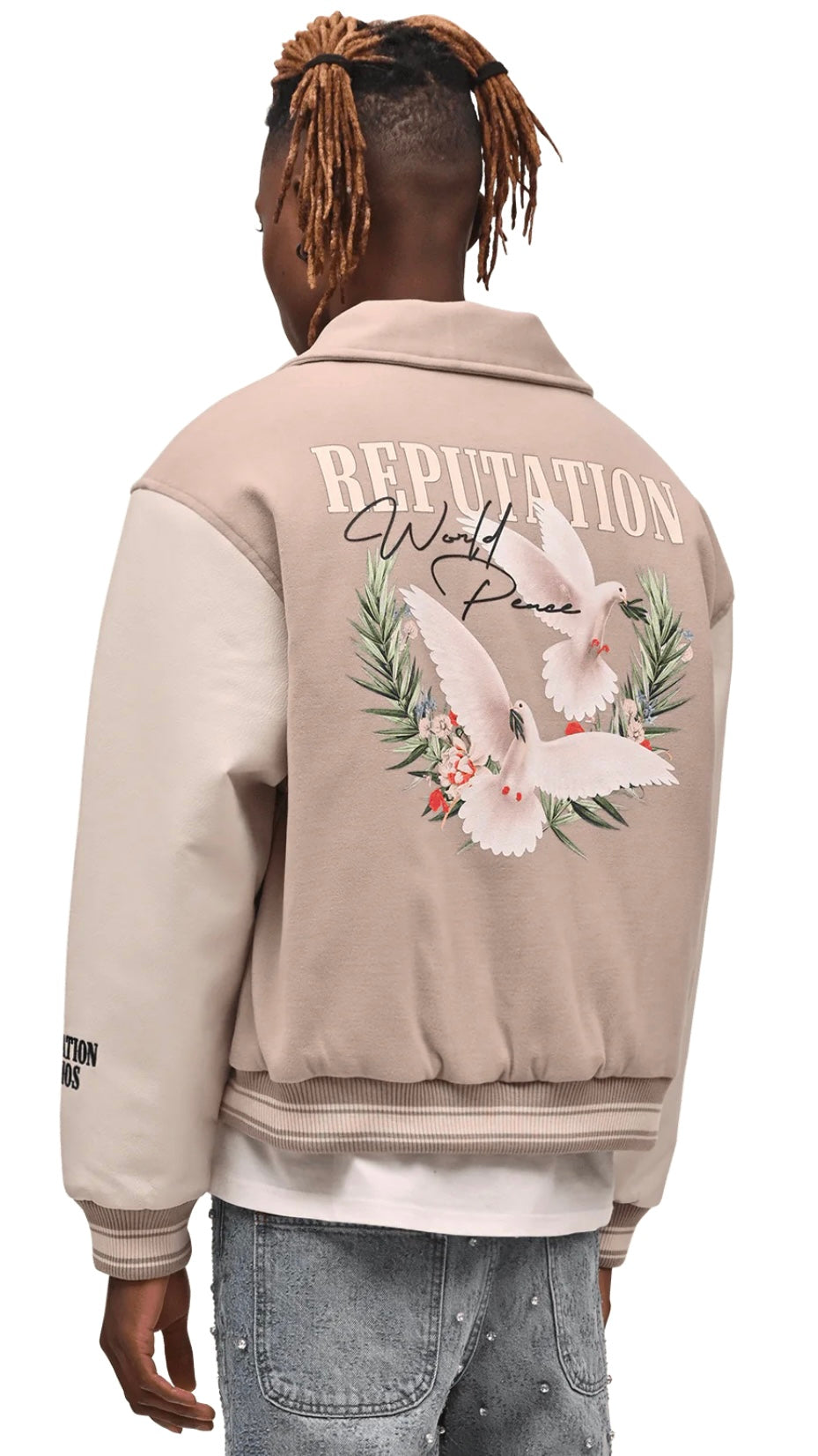 WORLD PEACE VARSITY JACKET - TAUPE