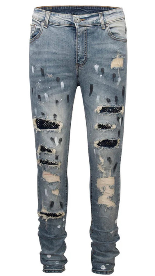 STUDDED PATCH DENIM - WASHED INDIGO